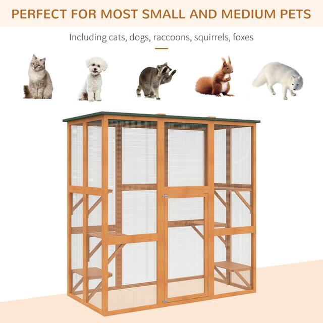 PawHut Large Wooden Outdoor Cat House Catio Enclosure, Kitten Cage with